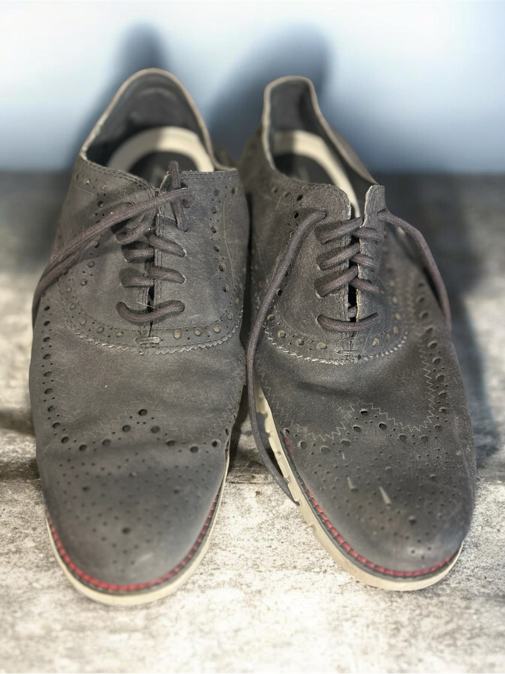 Cole Haan Zerogrand Mens 9.5 Wingtip Oxford Gray Suede Brogue Dress Comfort